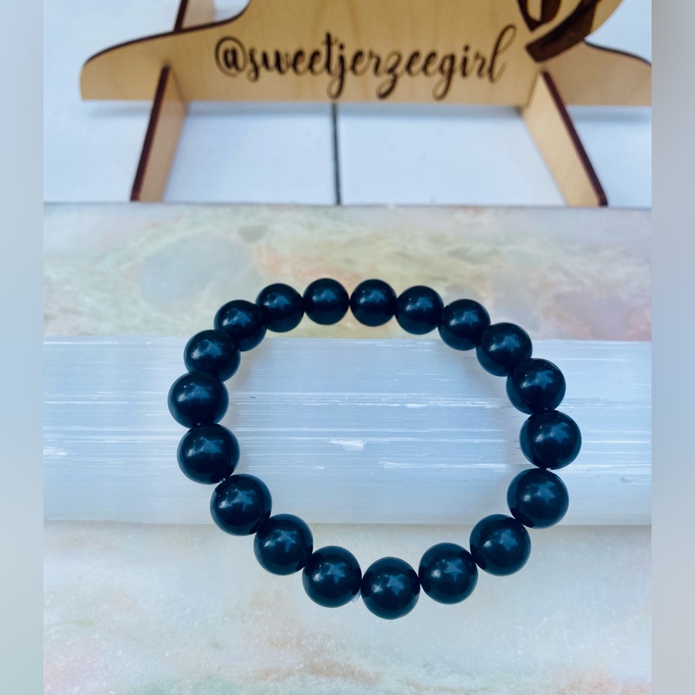 Natural Russian Shungite Unisex Mineral Bead Black Round Bead Bracelet 10mm